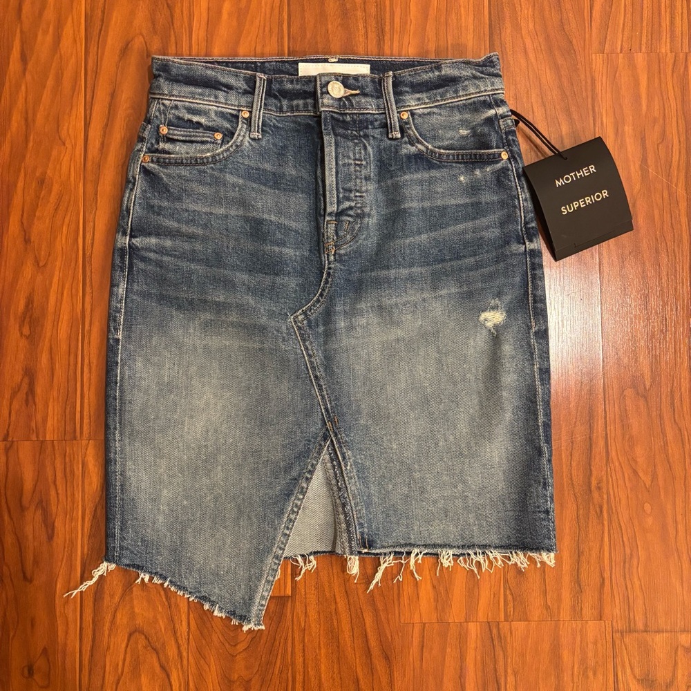 NWT MOTHER Tomcat Fray Denim Jean Skirt Better When Its Wrong Blue Womens 24